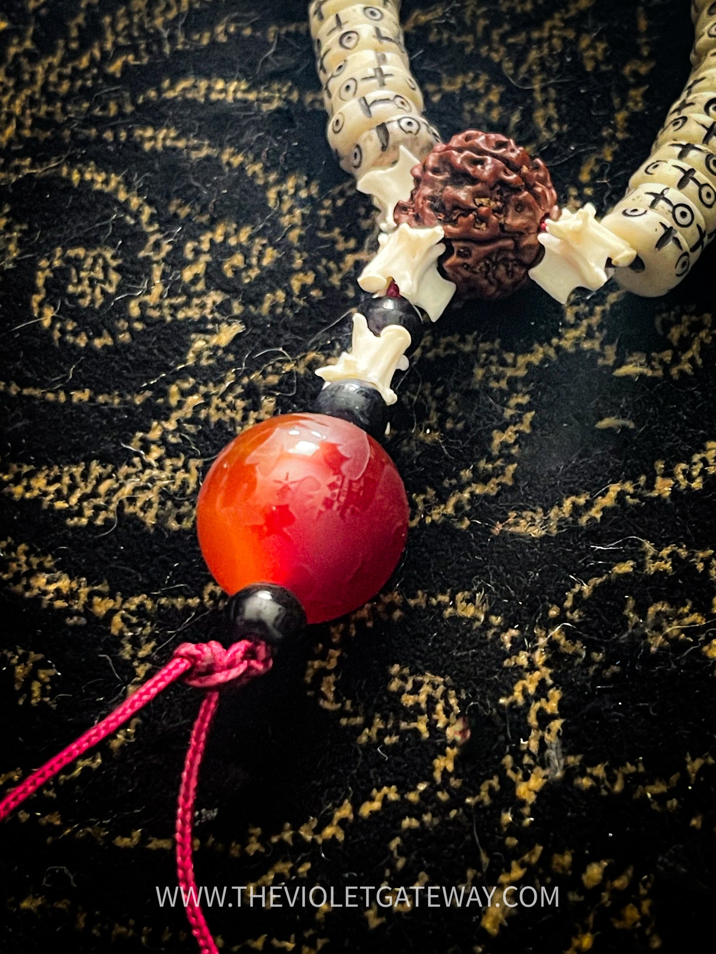 Carved Bone Mala: 100 Count - Snake bone, Rudraksha, and Carnelian (#012)