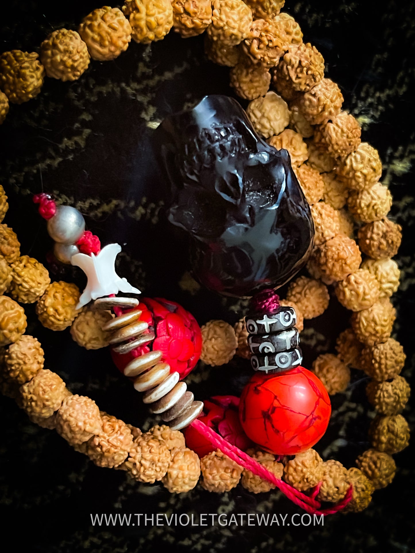 Carved Bone Mala: 100 Count - Rudraksha, Coral, and Horn (#013)