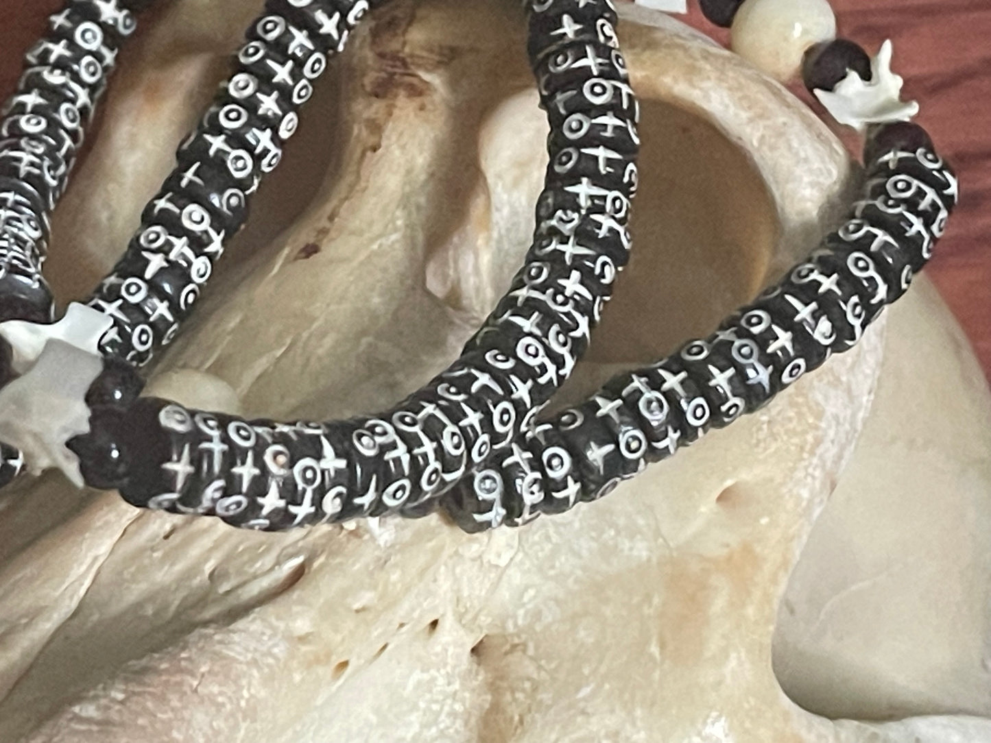 Carved Bone Mala w/ Snake Bone, Horn, Ruby Zoisite (#011)