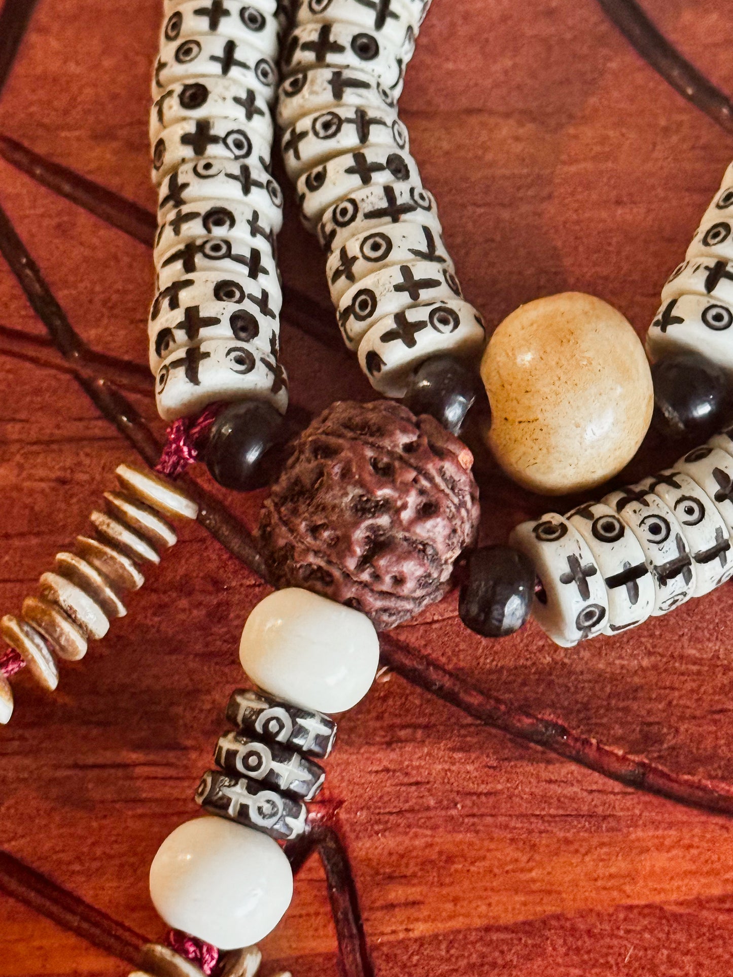 Carved Bone Mala w/Rudraksha - 100 count (#009)